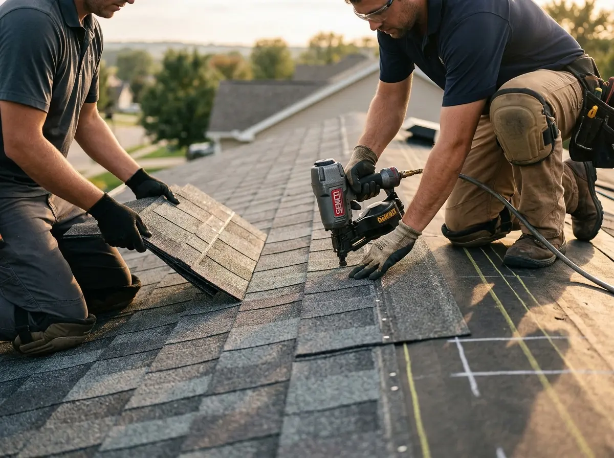 Professional roofer working on a residential roof in Navarre